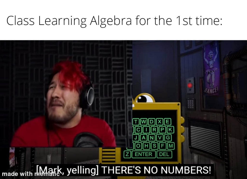 media - Class Learning Algebra for the 1st time T|Iw|Id|X||E C|T|Ri|Piik Janvg Ohsem Z Enter Del made with Mark, yelling There'S No Numbers!