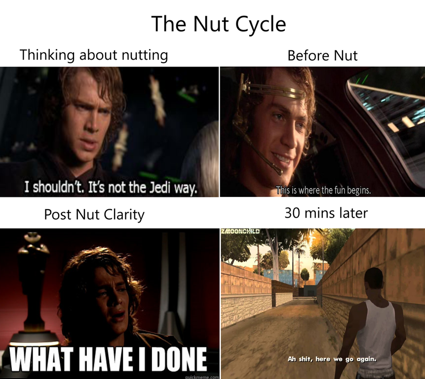 photo caption - The Nut Cycle Thinking about nutting Before Nut I shouldn't. It's not the Jedi way. Post Nut Clarity This is where the fun begins. 30 mins later Moonched What Have I Done Ah shit, here we go again.