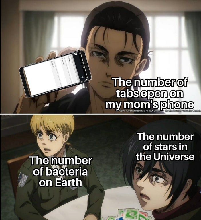 mangaka - The numberof tabs open on my mom's phone Hajime Isayama Kodansha Attack On Todas Pasta de The number of stars in the Universe The number of bacteria on Earth