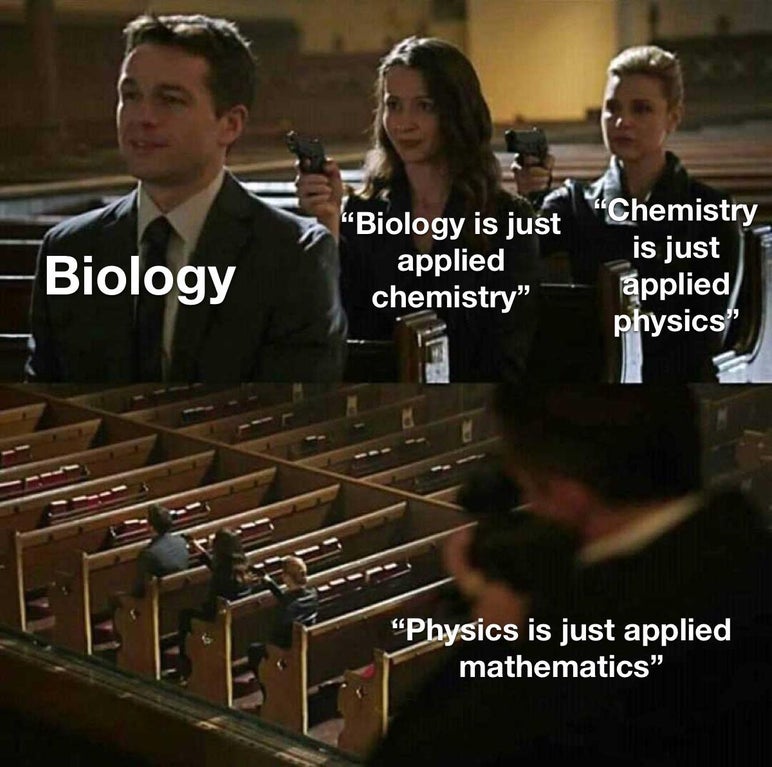 person of interest meme template - Biology "Biology is just applied chemistry" "Chemistry is just applied physics" "Physics is just applied mathematics"