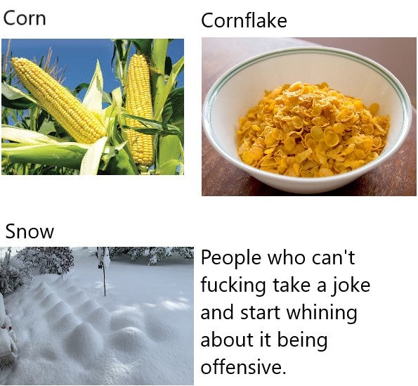 vegetarian food - Corn Cornflake Snow People who can't fucking take a joke and start whining about it being offensive.