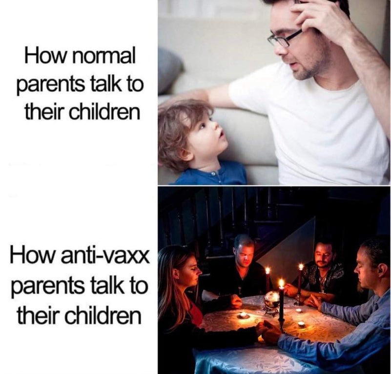 photo caption - How normal parents talk to their children How antivaxx parents talk to their children