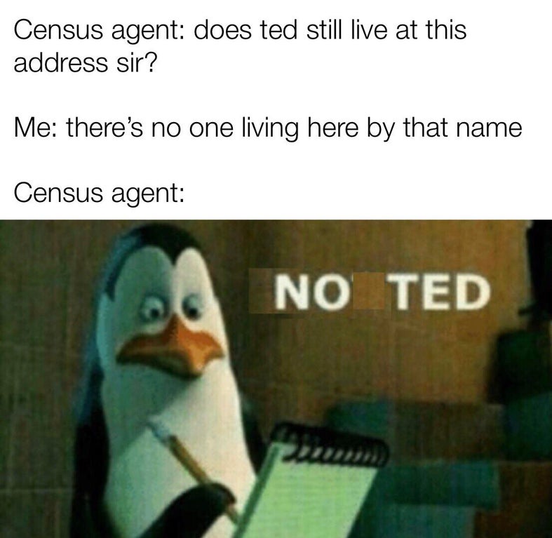 noted meme - Census agent does ted still live at this address sir? Me there's no one living here by that name Census agent No Ted
