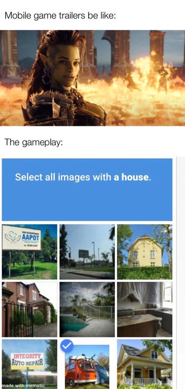 cottage - Mobile game trailers be The gameplay Select all images with a house. Aapot Integrity Auto Repair made with mematic