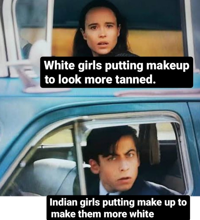 photo caption - White girls putting makeup to look more tanned. Indian girls putting make up to make them more white