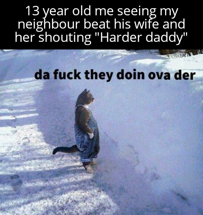 cat standing snow meme - 13 year old me seeing my neighbour beat his wife and her shouting "Harder daddy" da fuck they doin ova der