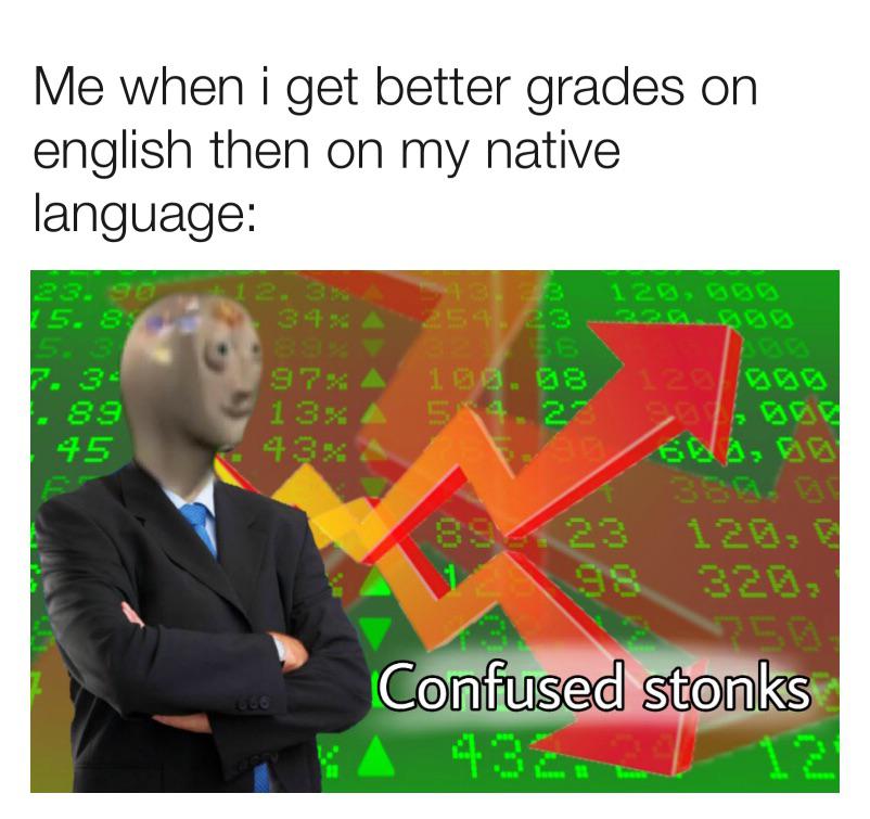 not stonks - Me when i get better grades on english then on my native language 129,00 23.90 15, Ss 13% 45 8923 Confused stonks