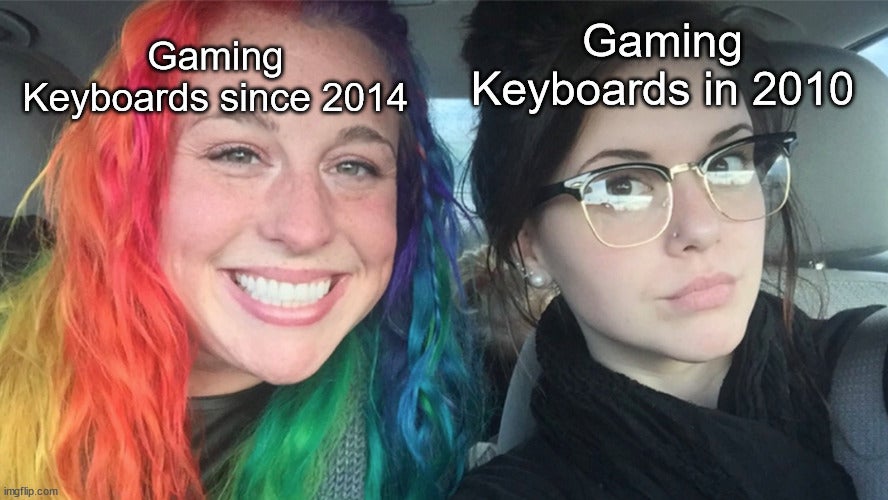 polar opposite sisters meme - Gaming Keyboards since 2014 Gaming Keyboards in 2010 imgflip.com