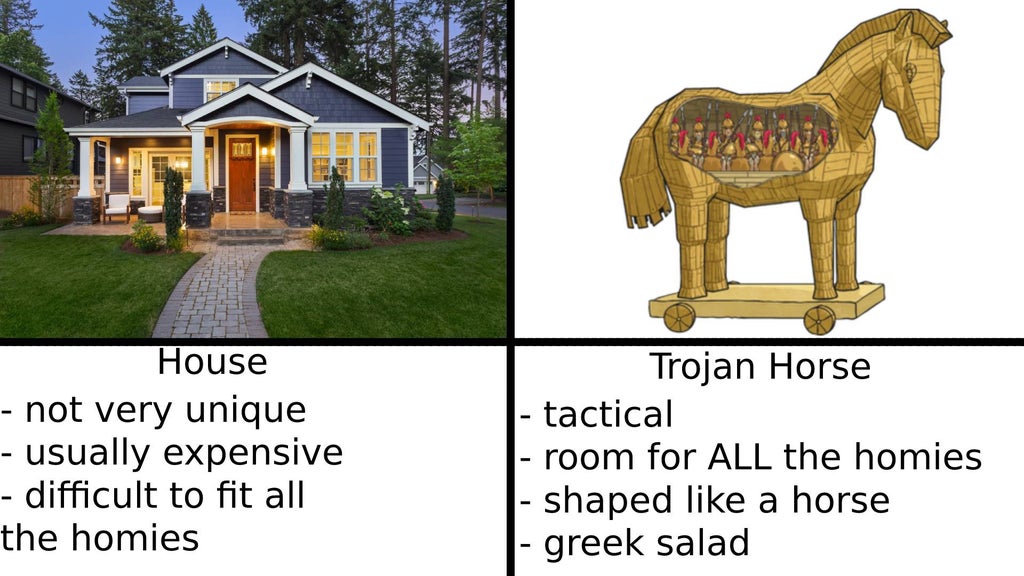 grass - House not very unique usually expensive difficult to fit all the homies Trojan Horse tactical room for All the homies shaped a horse greek salad