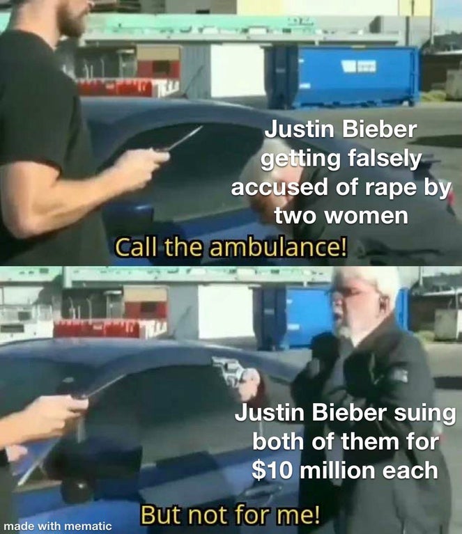 call a translator but not for me hololive - Justin Bieber getting falsely accused of rape by two women Call the ambulance! Justin Bieber suing both of them for $10 million each But not for me! made with mematic