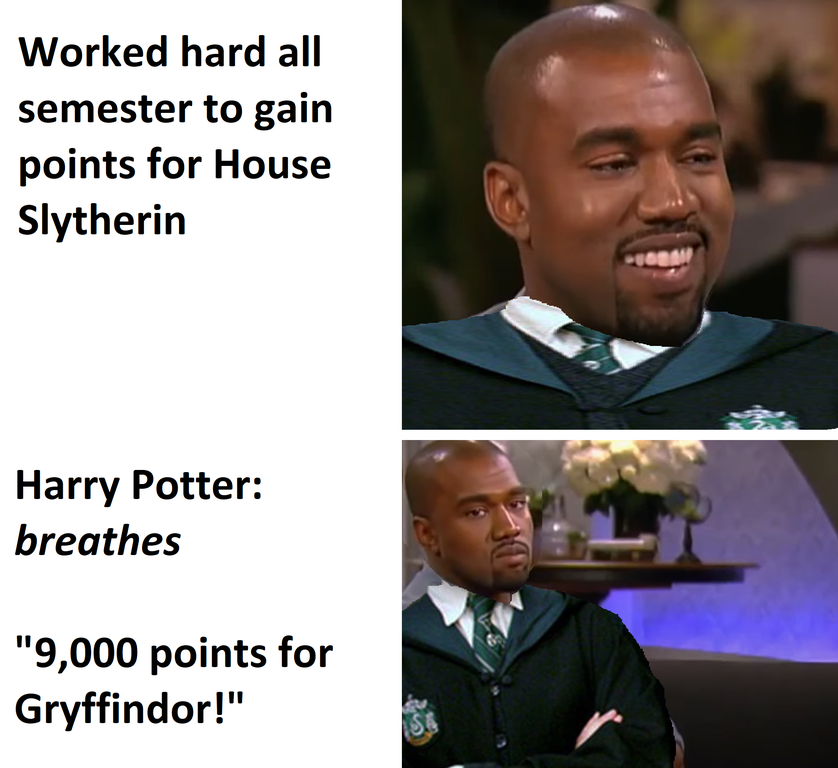 photo caption - Worked hard all semester to gain points for House Slytherin Harry Potter breathes "9,000 points for Gryffindor!"