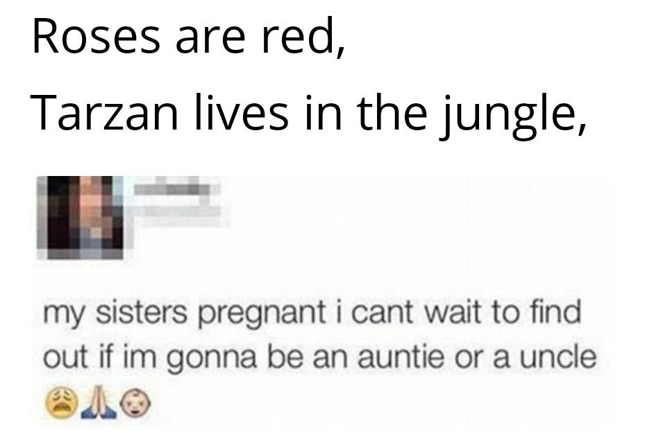 paper - Roses are red, Tarzan lives in the jungle, my sisters pregnant i cant wait to find out if im gonna be an auntie or a uncle