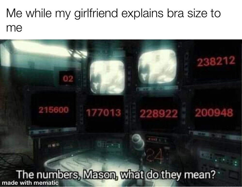 231 323 411 211 - Me while my girlfriend explains bra size to me 238212 02 215600 177013 228922 200948 The numbers, Mason, what do they mean? made with mematic