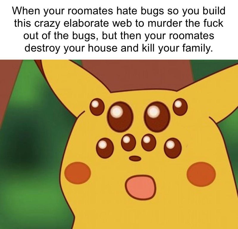 surprised pikachu study - When your roomates hate bugs so you build this crazy elaborate web to murder the fuck out of the bugs, but then your roomates destroy your house and kill your family.