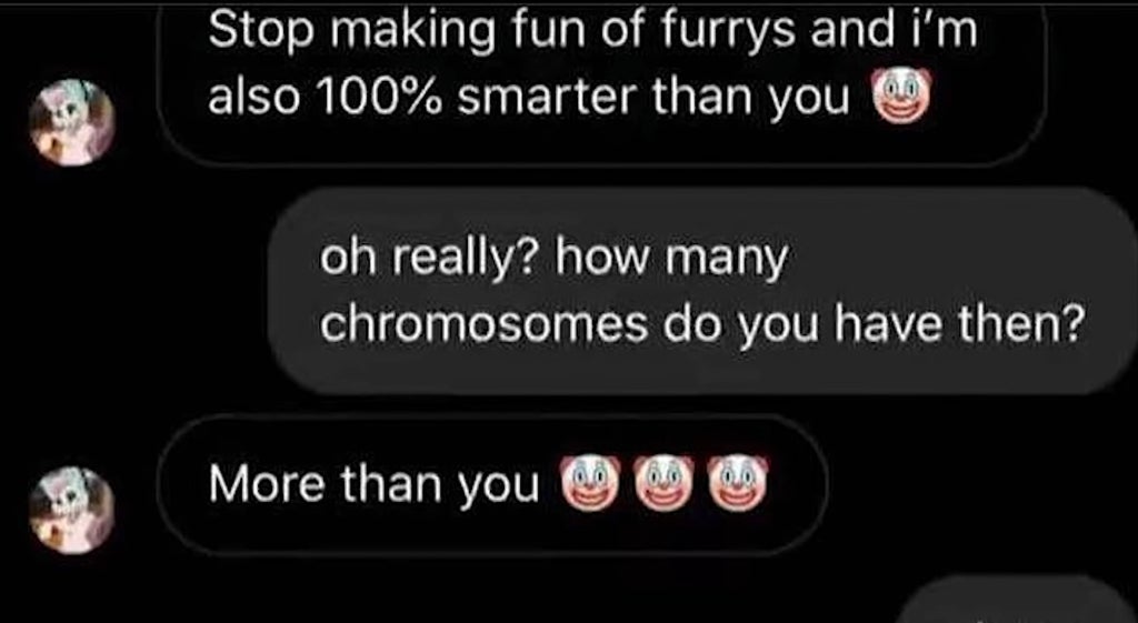 cringeworthy pics - games - Stop making fun of furrys and i'm also 100% smarter than you oh really? how many chromosomes do you have then? More than you