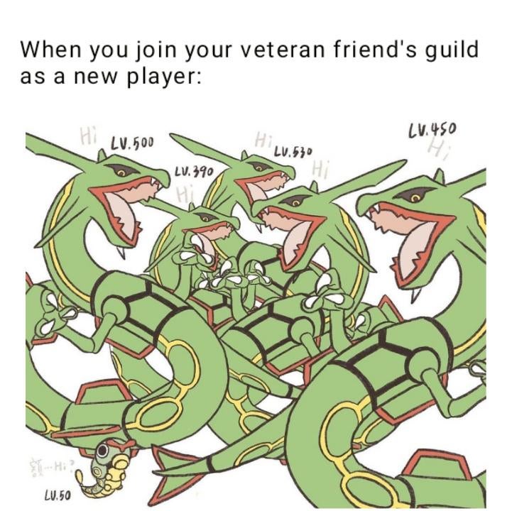 cartoon - When you join your veteran friend's guild as a new player L1.500 21.450 Lv.530 Lv.390 Lv.50
