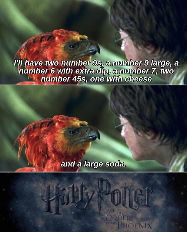 fawkes the phoenix - I'll have two number 9s, a number 9 large, a number 6 with extra dip, a number 7, two number 45s, one with cheese and a large soda. Olci And The Order O Phoenix