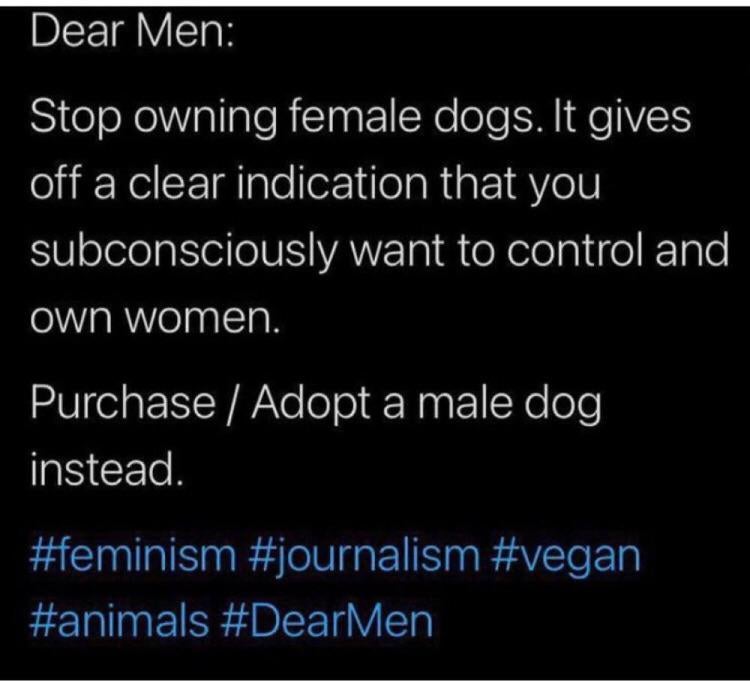 atmosphere - Dear Men Stop owning female dogs. It gives off a clear indication that you subconsciously want to control and own women. Purchase Adopt a male dog instead.