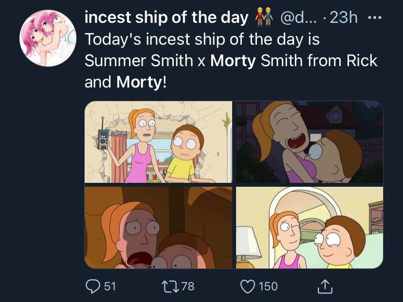 cartoon - incest ship of the day ... 23h Today's incest ship of the day is Summer Smith x Morty Smith from Rick and Morty! 51 1278 150