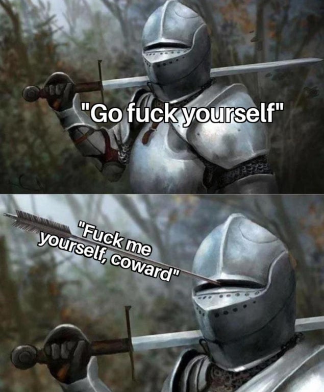 valheim deathsquito meme - "Go fuck yourself" "Fuck me yourself, coward"