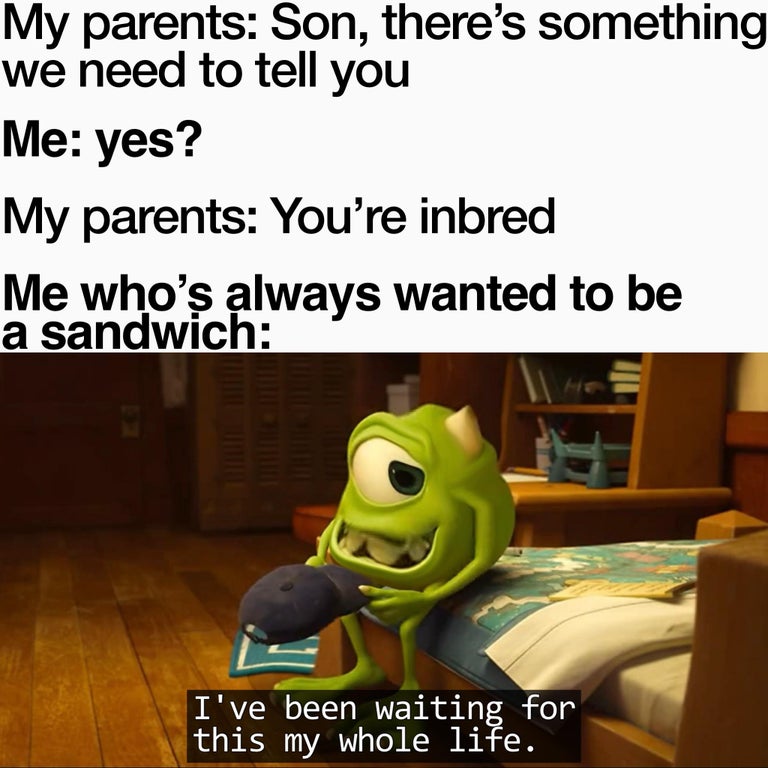 funny memes and random pics - cartoon - My parents Son, there's something we need to tell you Me yes? My parents You're inbred Me who's always wanted to be a sandwich I've been waiting for this my whole life.