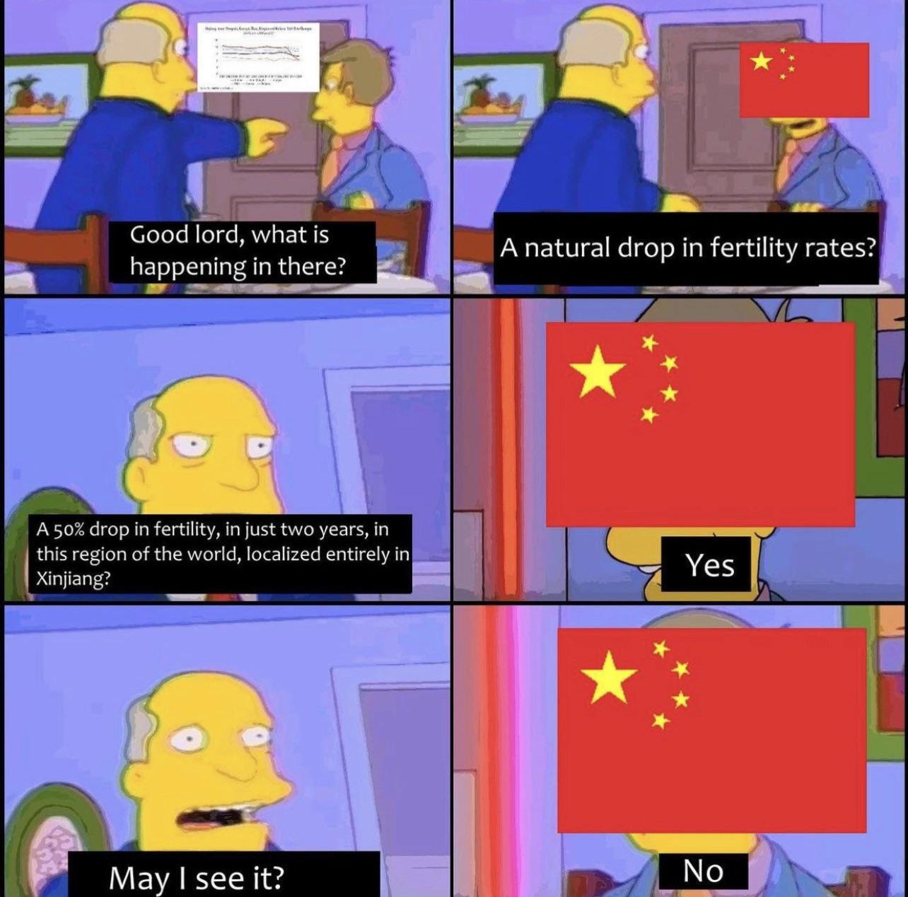 cartoon - Good lord, what is happening in there? A natural drop in fertility rates? A 50% drop in fertility, in just two years, in this region of the world, localized entirely in Xinjiang? Yes No May I see it?