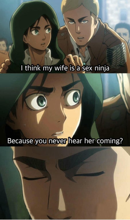 strange thing to ask meme - I think my wife is a sex ninja Because you never hear her coming?