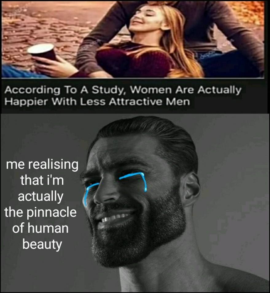gigachad meme - According To A Study, Women Are Actually Happier With Less Attractive Men me realising that i'm actually the pinnacle of human beauty