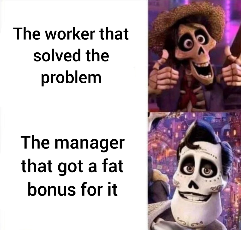 head - The worker that solved the problem The manager that got a fat bonus for it