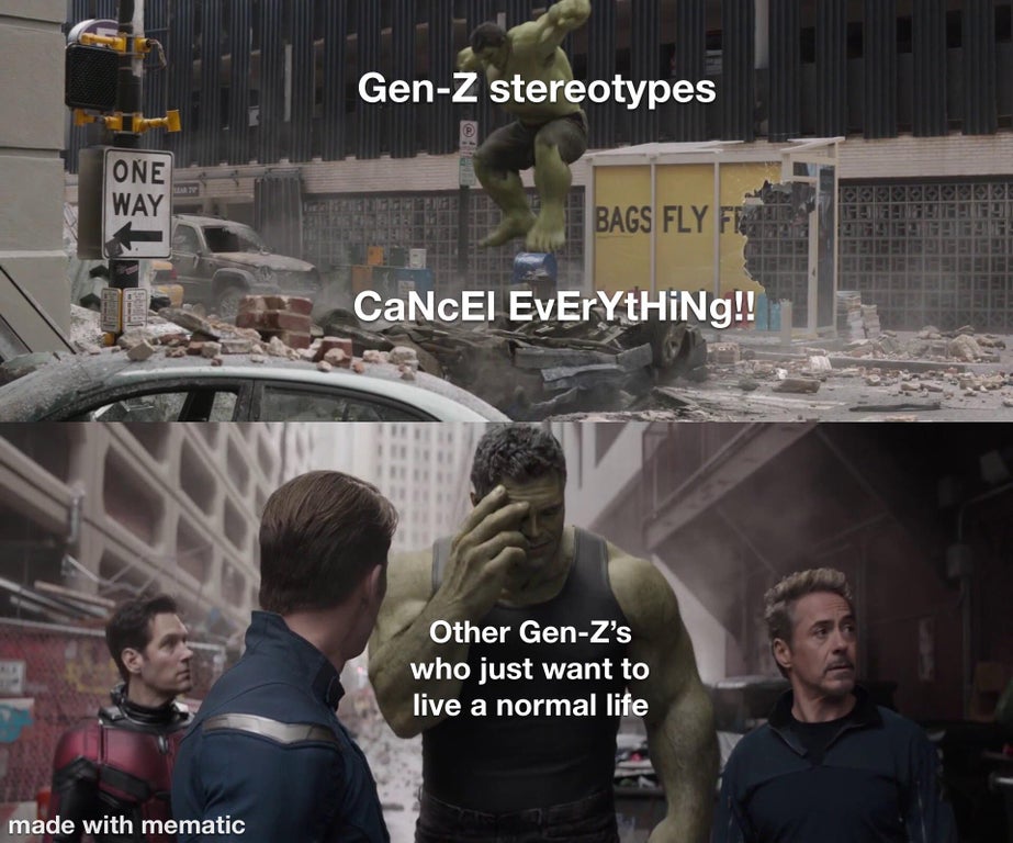 hulk smashing car meme - GenZ stereotypes One Way Bags Fly Fi CaNcEl EvErYtHiNg!! Other GenZ's who just want to live a normal life made with mematic
