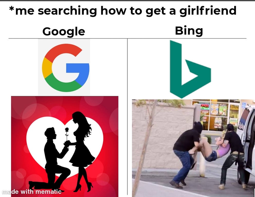 new google - me searching how to get a girlfriend Google Bing G 1 On made with mematic
