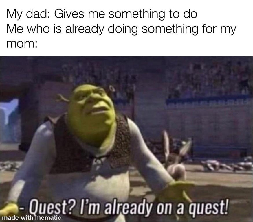 quest i m already on a quest - My dad Gives me something to do Me who is already doing something for my mom Quest? I'm already on a quest! made with mematic