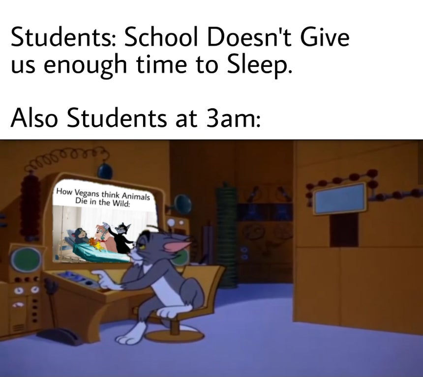cartoon - Students School Doesn't Give us enough time to Sleep. Also Students at 3am How Vegans think Animals Die in the Wild