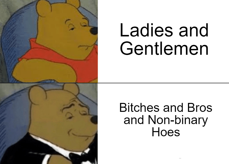 tuxedo winnie the pooh memes - Ladies and Gentlemen Bitches and Bros and Nonbinary Hoes