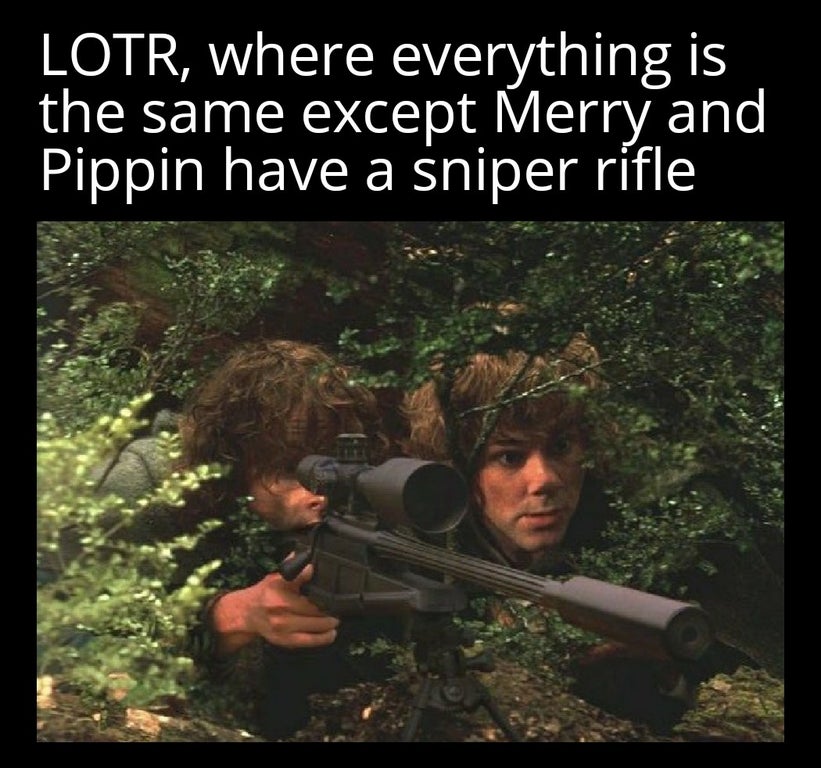 photo caption - Lotr, where everything is the same except Merry and Pippin have a sniper rifle