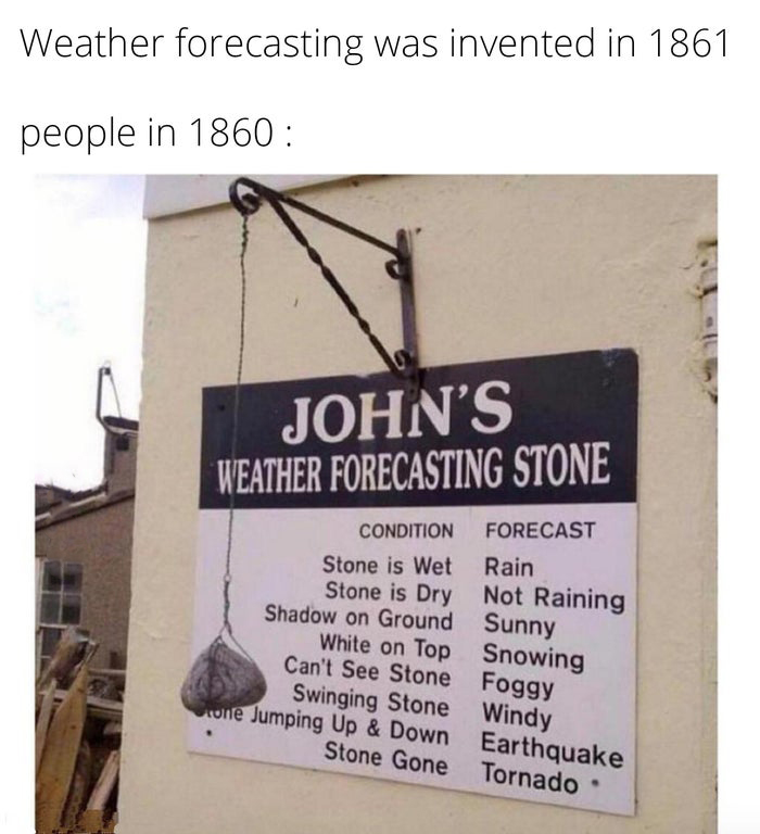 signage - Weather forecasting was invented in 1861 people in 1860 John'S Weather Forecasting Stone Condition Forecast Stone is Wet Rain Stone is Dry Not Raining Shadow on Ground Sunny White on Top Snowing Can't See Stone Foggy Swinging Stone Windy tulle J
