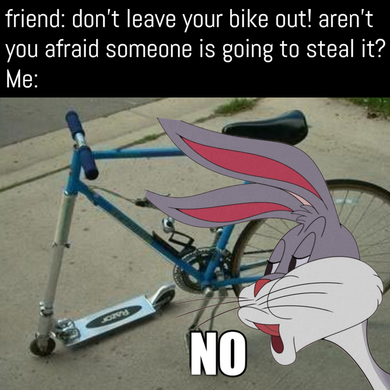wing - friend don't leave your bike out! aren't you afraid someone is going to steal it? Me Jon No