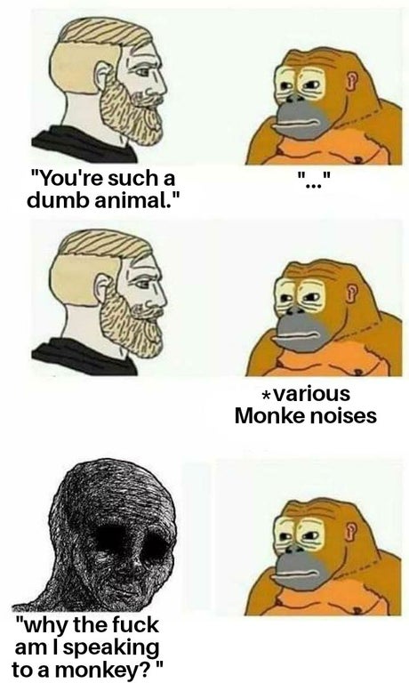 cartoon - "You're such a dumb animal." Various Monke noises "why the fuck am I speaking to a monkey?"