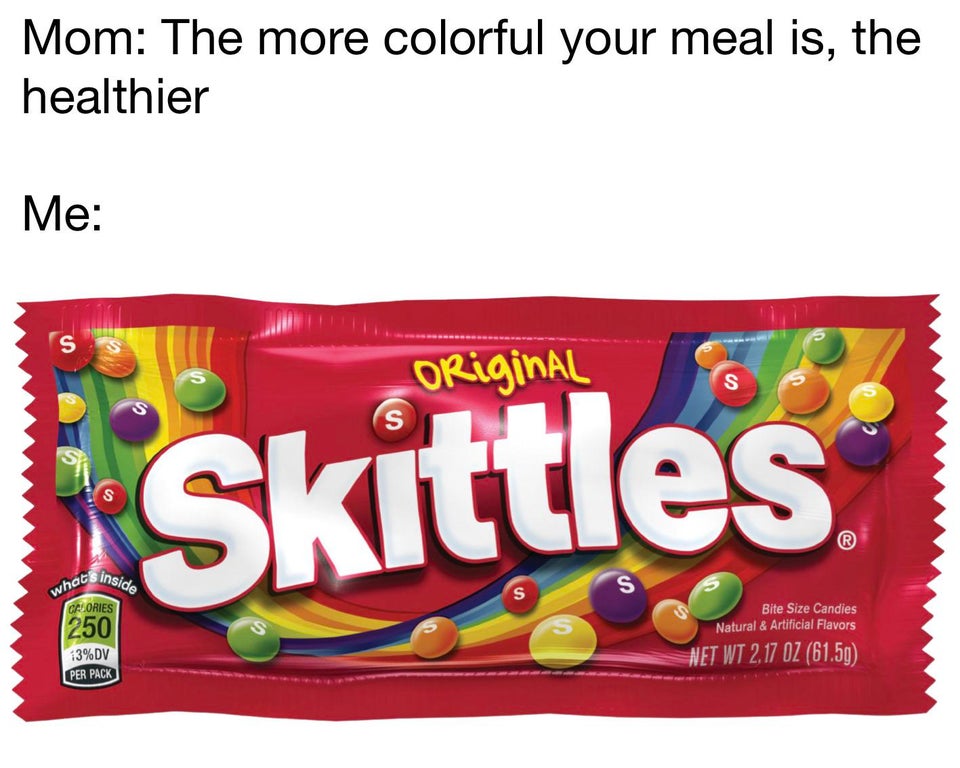 skittles - Mom The more colorful your meal is, the healthier Me S Original S Skittles inside whats S Calories 250 Bite Size Candies Natural & Artificial Flavors Net Wt 2.17 Oz 61.59 13%Dv Per Pack