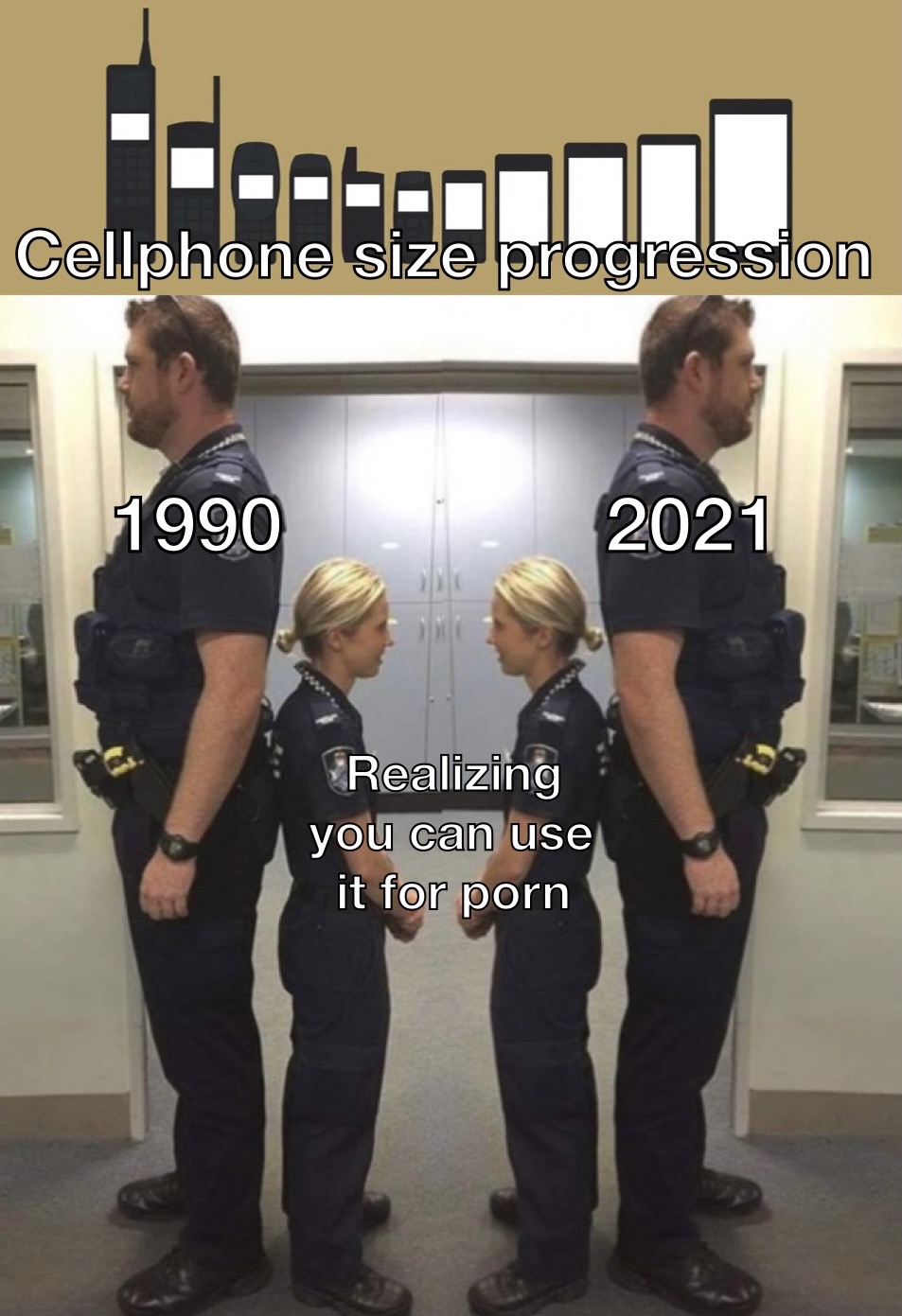 transit police - Cellphone size progression 1990 2021 Realizing you can use it for porn