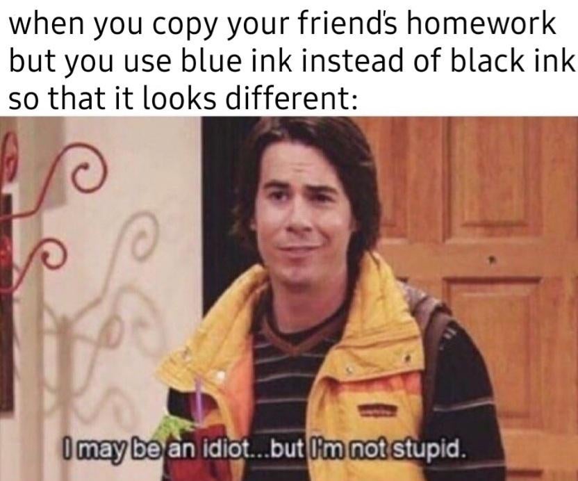 you fail a test meme - when you copy your friend's homework but you use blue ink instead of black ink so that it looks different I may be an idiot...but I'm not stupid.