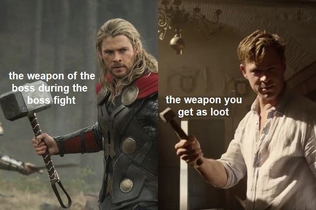 thor avengers scene - the weapon of the boss during the boss fight the weapon you get as loot