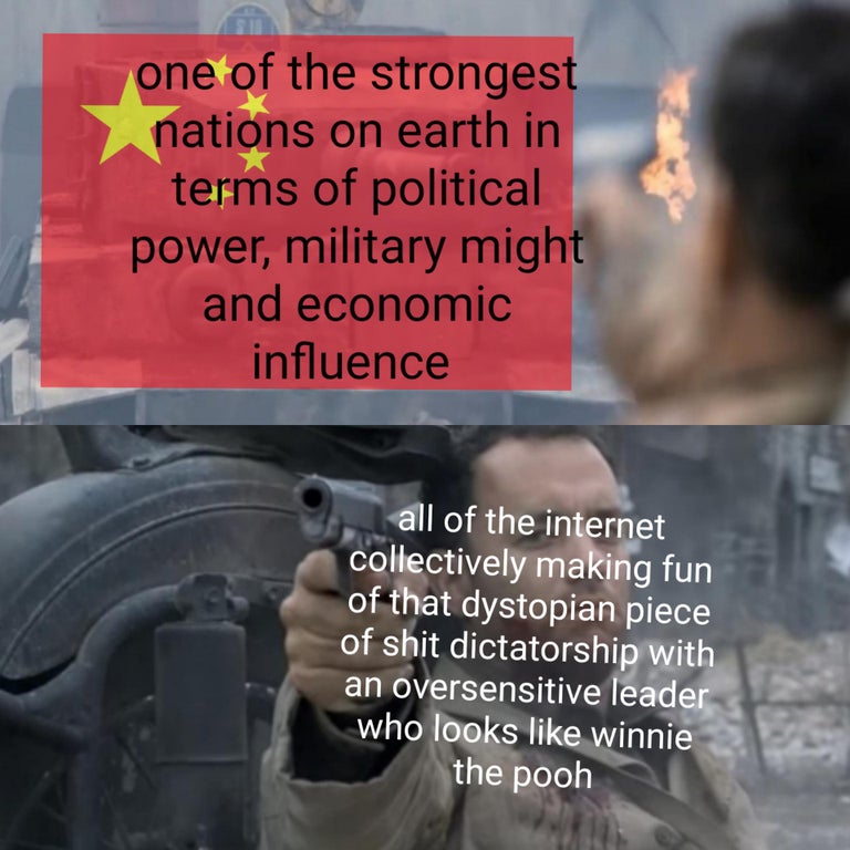 photo caption - one of the strongest nations on earth in terms of political power, military might and economic influence all of the internet collectively making fun of that dystopian piece of shit dictatorship with an oversensitive leader who looks winnie