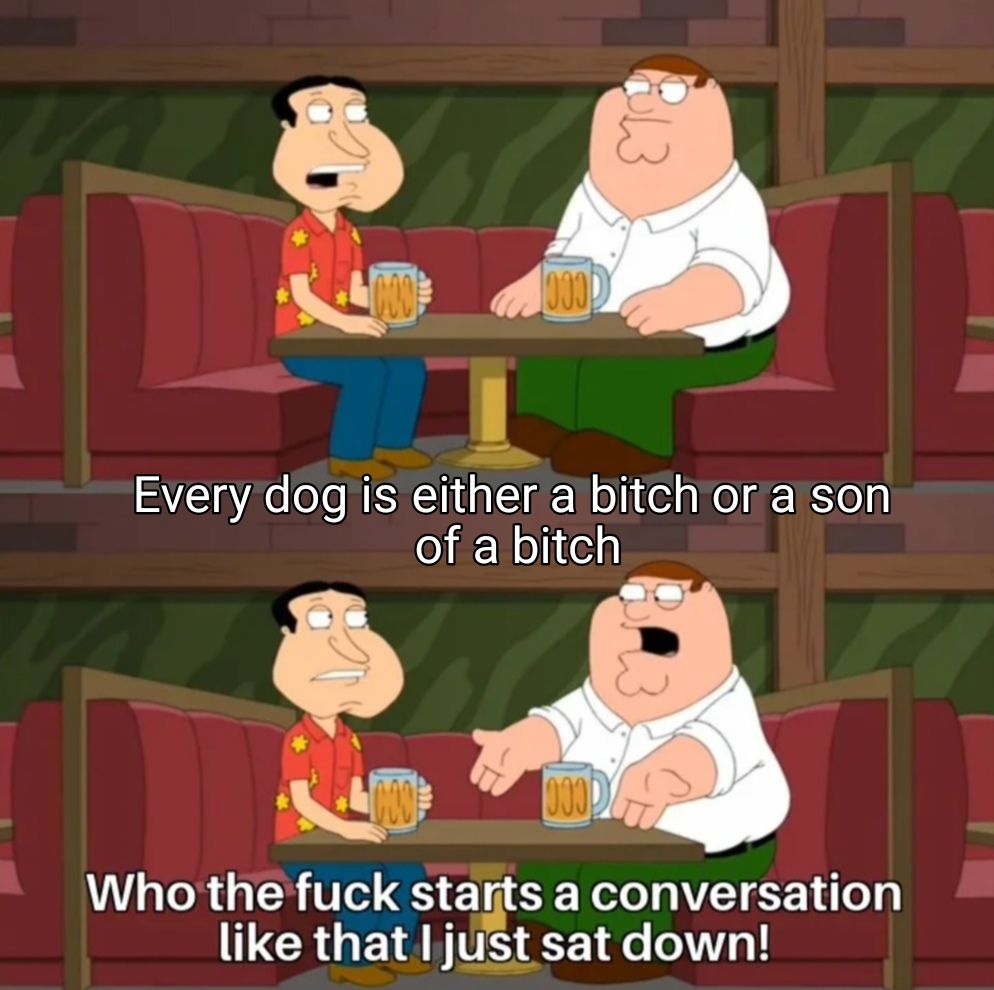 starts a conversation like - Et 000 100D Every dog is either a bitch or a son of a bitch 10000 Who the fuck starts a conversation that I just sat down!