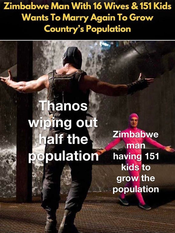 bane and pink guy meme template - Zimbabwe Man With 16 Wives & 151 Kids Wants To Marry Again To Grow Country's Population Thanos wiping out half the population having 151 Zimbabwe man kids to grow the population