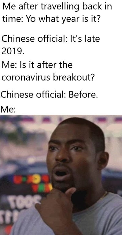 learning reaction meme - Me after travelling back in time Yo what year is it? Chinese official It's late 2019. Me Is it after the coronavirus breakout? Chinese official Before. Me Toos