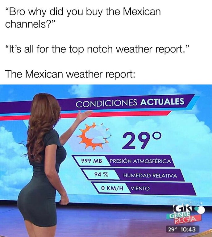 media - Bro why did you buy the Mexican channels?" "It's all for the top notch weather report. The Mexican weather report Condiciones Actuales 29 999 Mb Presin Atmosfrica 94 % Humedad Relativa O KmH Viento Igkt Gente Regia 29
