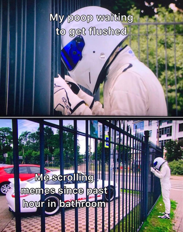 The Stig - My poop waiting to get flushed Me scrolling memes since past hour in bathroom