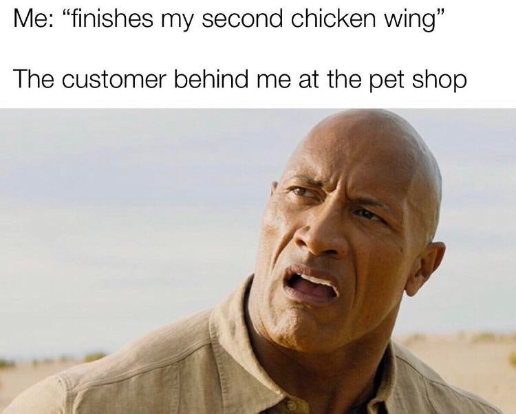 fresh memes - Me finishes my second chicken wing" The customer behind me at the pet shop