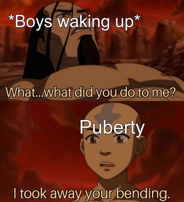 cartoon - Boys waking up What...what did you do to me? Puberty I took away your bending.